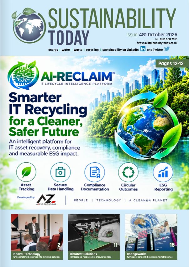 Front cover of Sustainability Today Issue 481, October 2026, featuring AI-Reclaim® and its technology recovery feature on pages 12–13.