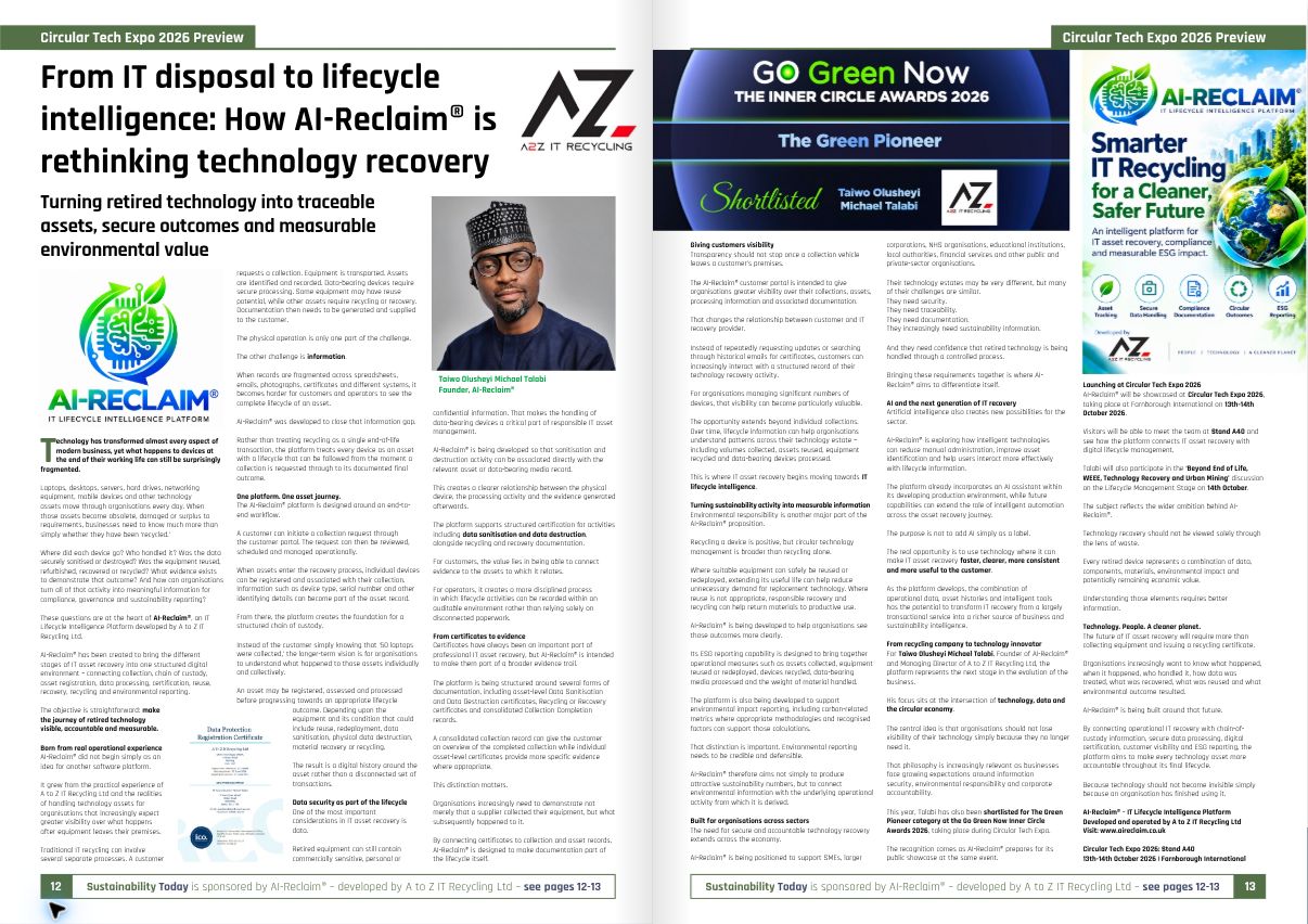 Sustainability Today pages 12–13: From IT Disposal to Lifecycle Intelligence, featuring AI-Reclaim®, Founder Taiwo Olusheyi Michael Talabi and The Green Pioneer shortlist artwork.